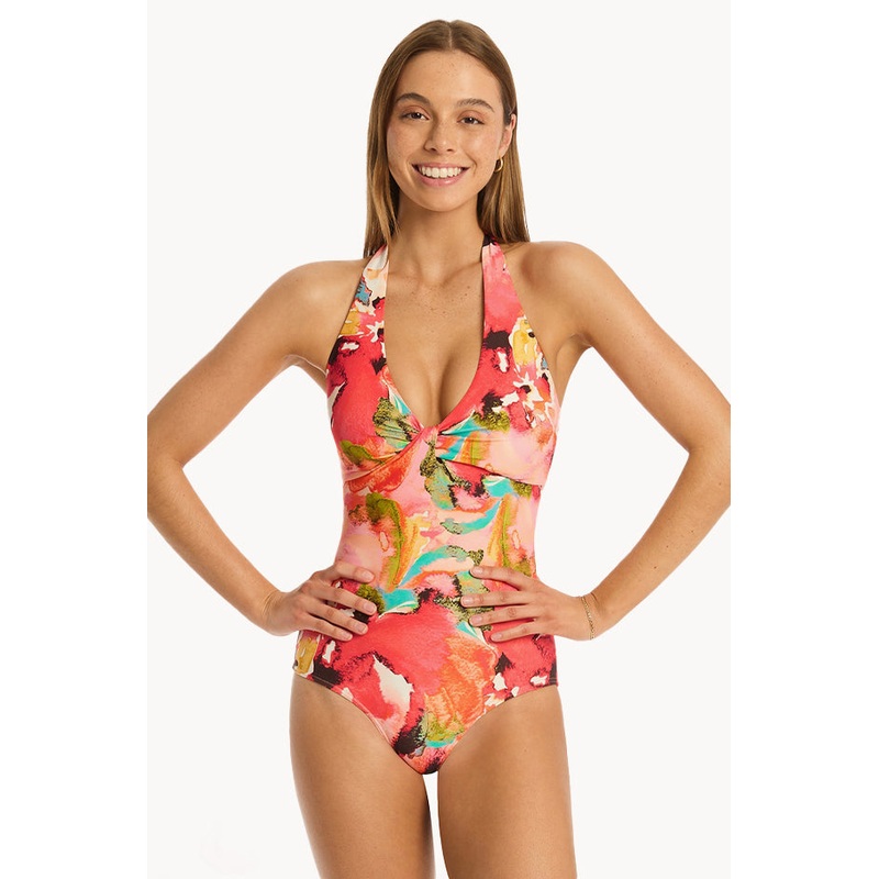 Cascade Twist Front Halter One Piece