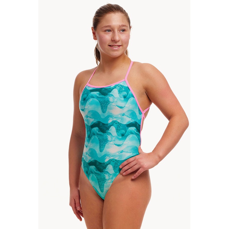 Girls Teal Wave Strapped In One Piece