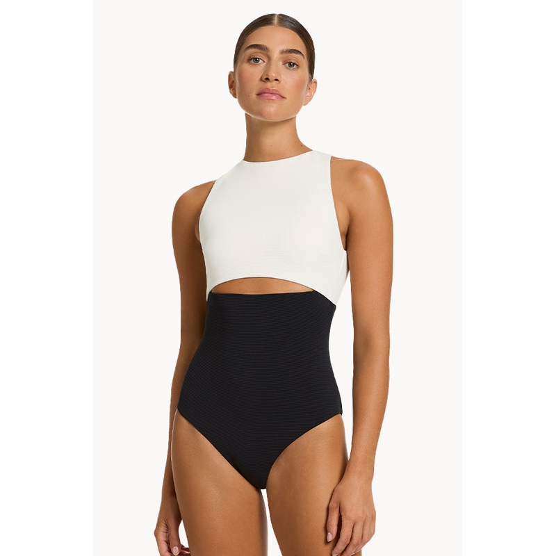 Versa Rib Cut Out High Neck One Piece
