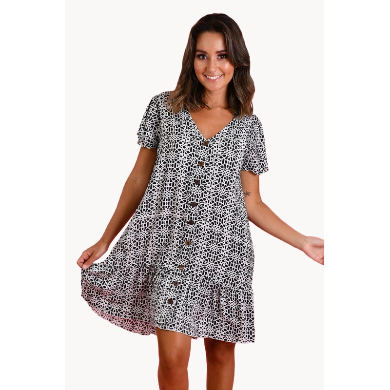 Mosaic Cap Sleeve Button Dress
