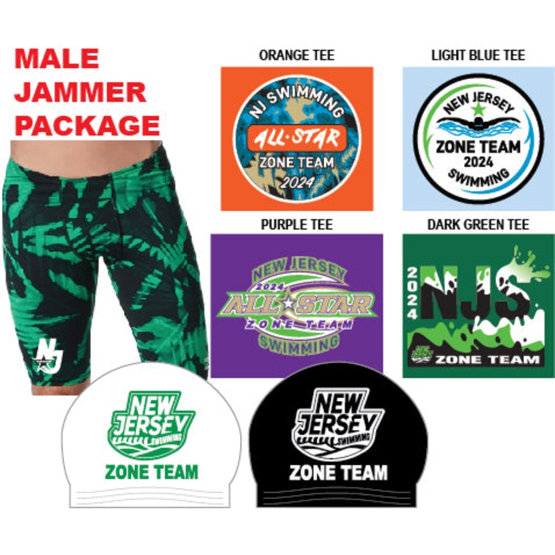 NJZ_(Speedo Male Reflected Jammer -Green ), (Team Short Sleeve Tees (1 Orange, 1 Light Blue, 1 Purple, 1 Dark Green)) and (Latex Caps: 1 White & 1 Black)