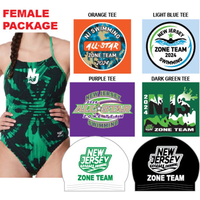 NJZ_FEMALE_PACKAGE- (Speedo Female Reflected One Back), (Team Short Sleeve Tees (1 Orange, 1 Light Blue, 1 Purple, 1 Dark Green) with NJ Swimming 2024 Zone Team logos), (Latex Caps: 1 White & 1 Black)