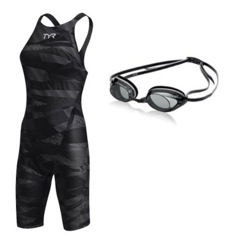 TYR Female Avictor Prelude Open Back Swimsuit Vanquisher 2.0 Goggle Bundle(Random Color will be ship out)