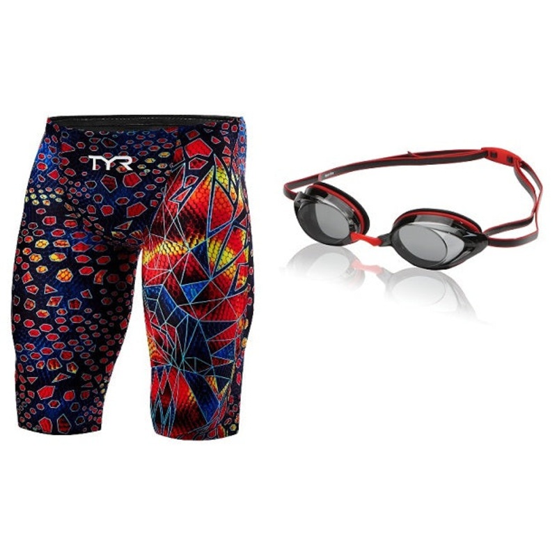 TYR Men's Avictor Venom Jammer Swimsuit Vanquisher 2.0 Goggle Bundle(Random Color will be ship out)